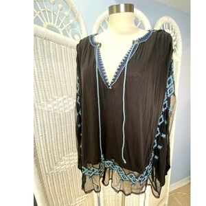 Free People Sheer Black Embroidered Popover Tunic Top M Boho Flowy Southwestern